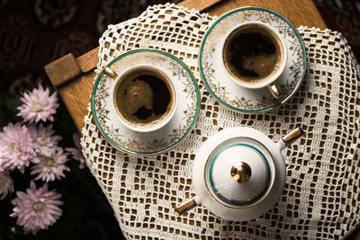 High angle view of coffee on table