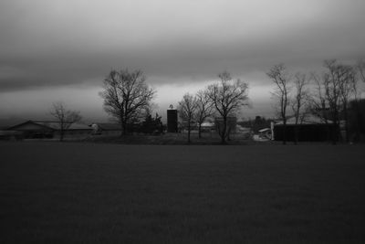 Bare trees on field against cloudy sky