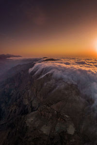 Aerial view of sea against sky during sunset