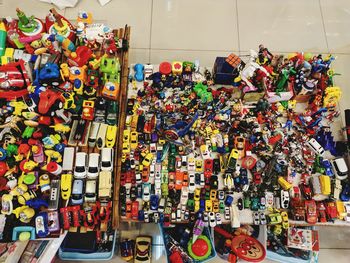 High angle view of toys for sale