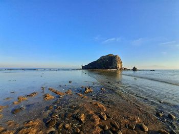 Scenic view of beach against blue sky