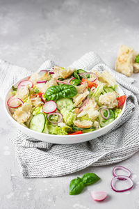 High angle view of salad in plate on table