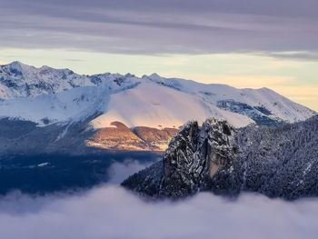 Scenic view of snow covered mountains against sky