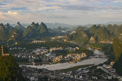 Scenic view of limestone mountains above yangshuo