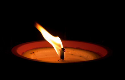 Close-up of lit candle against black background