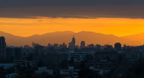 Panoramic view of downtown at sunset, santiago de chile