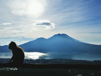 Monkey sitting against mountains and sky