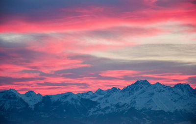 Scenic view of snowcapped mountains against sky during sunset