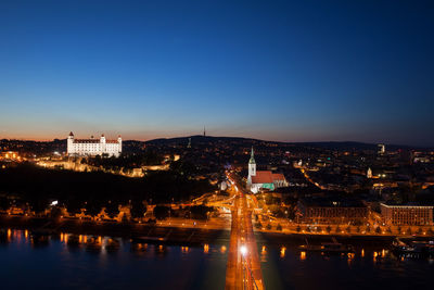 Illuminated buildings in city at night