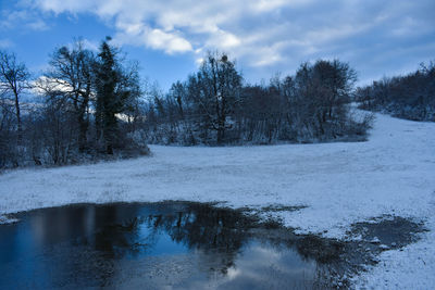 Scenic view of snow covered land against sky