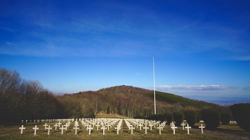 Scenic view of war cemetery against blue sky