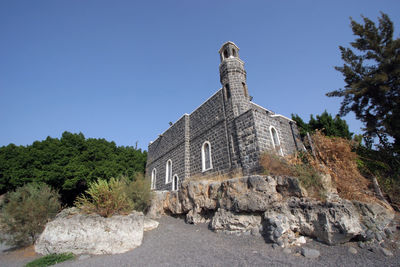 Low angle view of building against clear blue sky