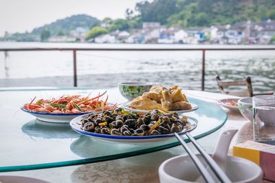 Close-up of food served on table