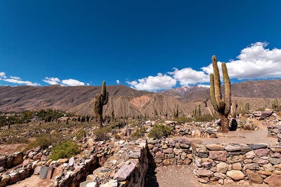 Panoramic view of landscape and mountains against blue sky