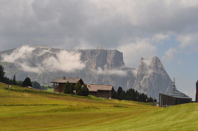 Panoramic shot of houses on field against sky