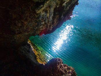 High angle view of rock formation at sea shore