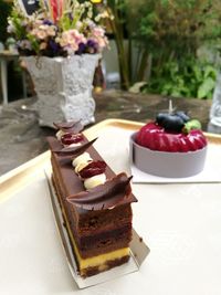 Close-up of food in tray on table