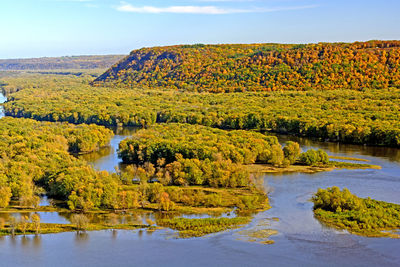 Colorful bluffs above the confluence of the wisconsin and mississippi rivers in fall