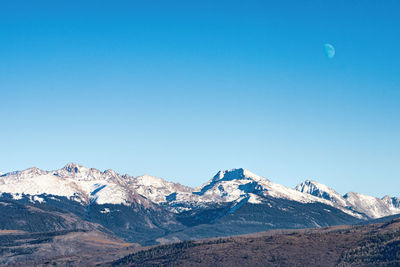 Scenic view of mountains against clear blue sky