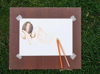 High angle view of coffee on cutting board