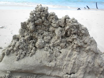 Close-up of sand on beach against sky