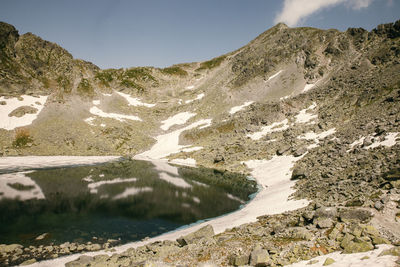 Scenic view of lake by mountains against sky