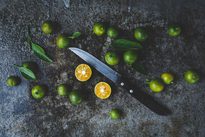 Directly above shot of kumquats with knife on kitchen counter
