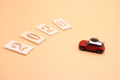 High angle view of toy car on white background