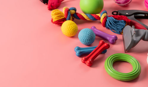 High angle view of multi colored pet toys over coral background