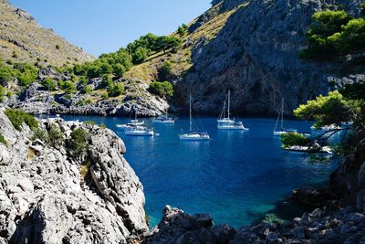 Boats moored on sea against clear blue sky