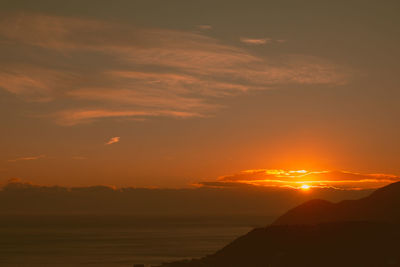 Scenic view of sea against romantic sky at sunset