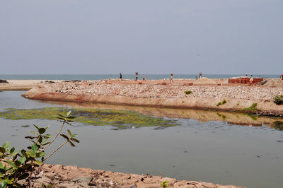 People on beach against clear sky