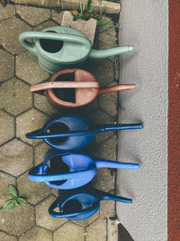 Directly above shot of multi colored shoes hanging on metal
