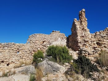 Low angle view of rocks against clear blue sky