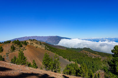 Scenic view of landscape and mountains against blue sky