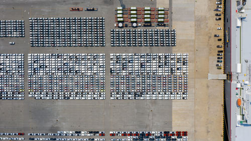 New car line up parking lot automobile factory export international dealers by shipping 