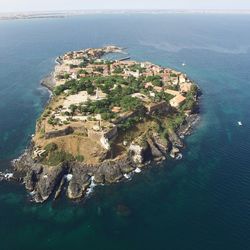 Aerial view of sea and cityscape