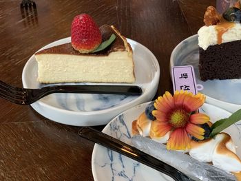 High angle view of cake in plate on table
