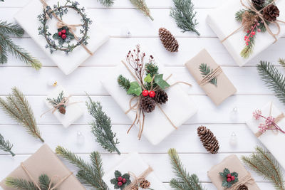 High angle view of christmas tree on table