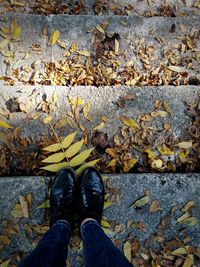 Low section of woman standing on staircase during autumn