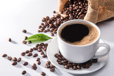 High angle view of coffee cup on table