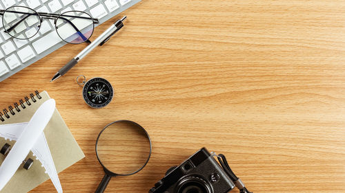 High angle view of camera on table