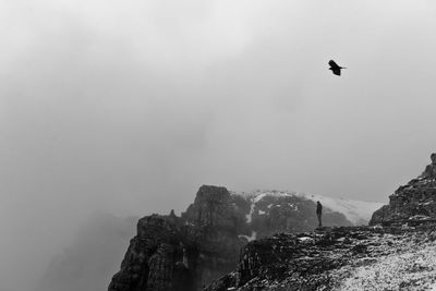 Low angle view of silhouette bird flying over mountains during winter