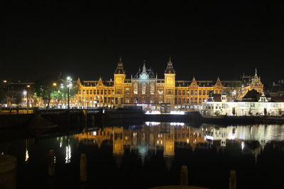 Reflection of illuminated buildings in water at night