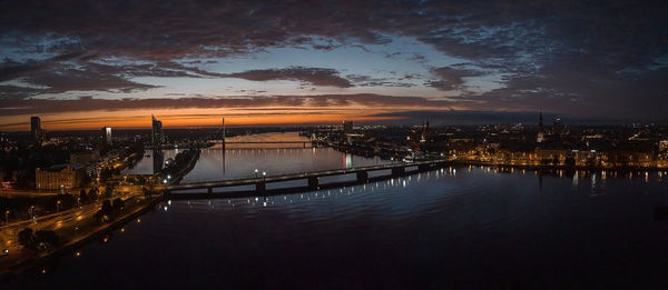Beautiful aerial view of the sunset over riga city old town in latvia.