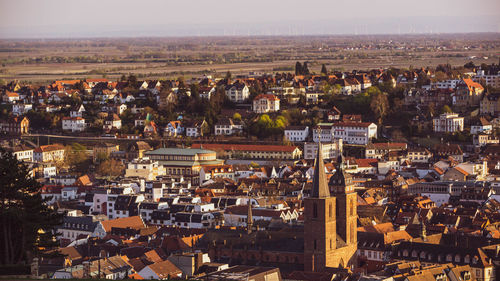 High angle shot of townscape against sky