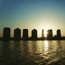 City skyline at sunset