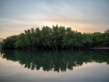 Scenic view of lake against sky at sunset