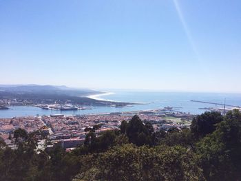 High angle view of cityscape against clear blue sky