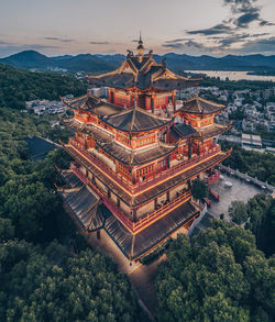 High angle view of illuminated buildings in city